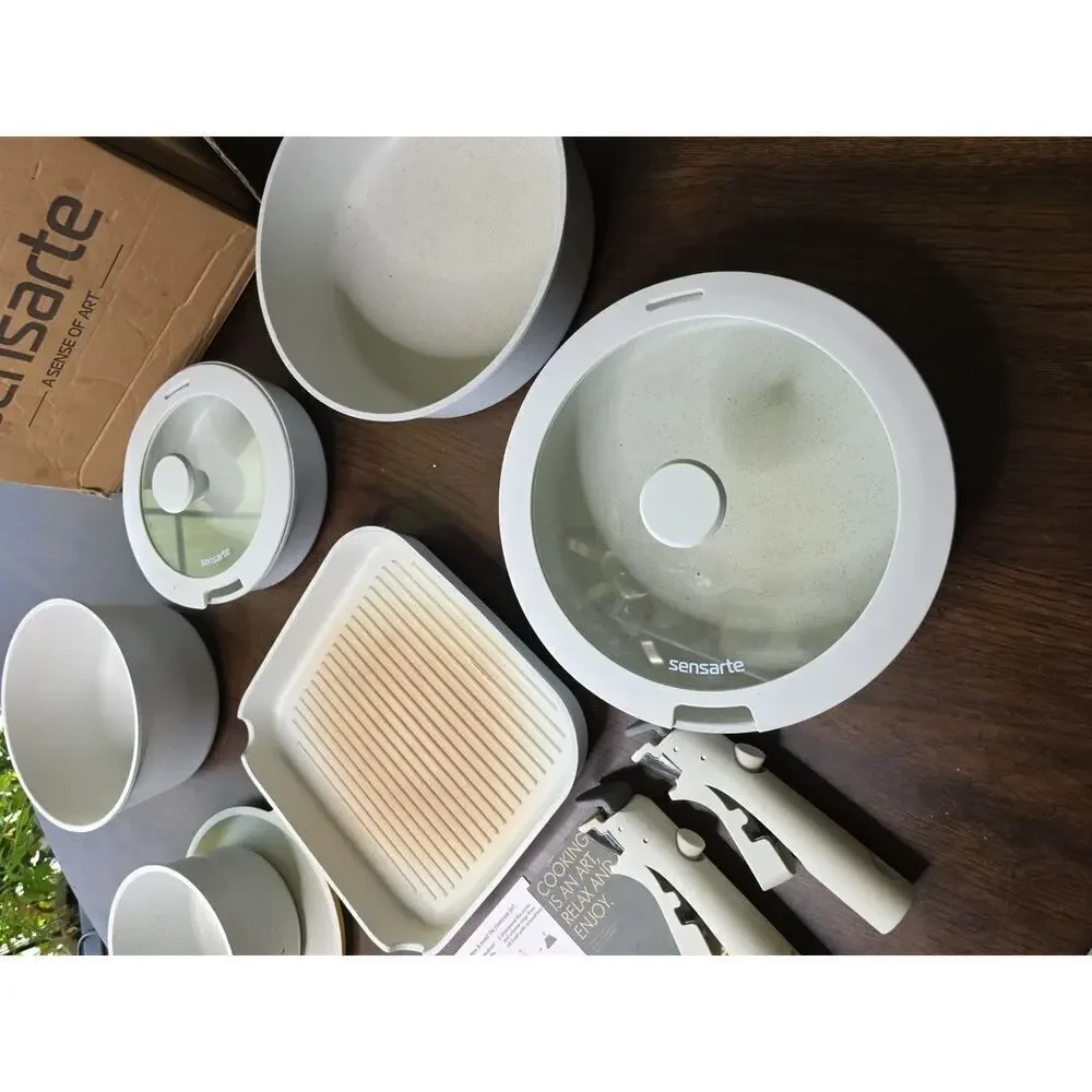 Sensarte 6 Cream Ceramic Coated Square Skillet Ribbed Fry Pans Pots Preowned‎